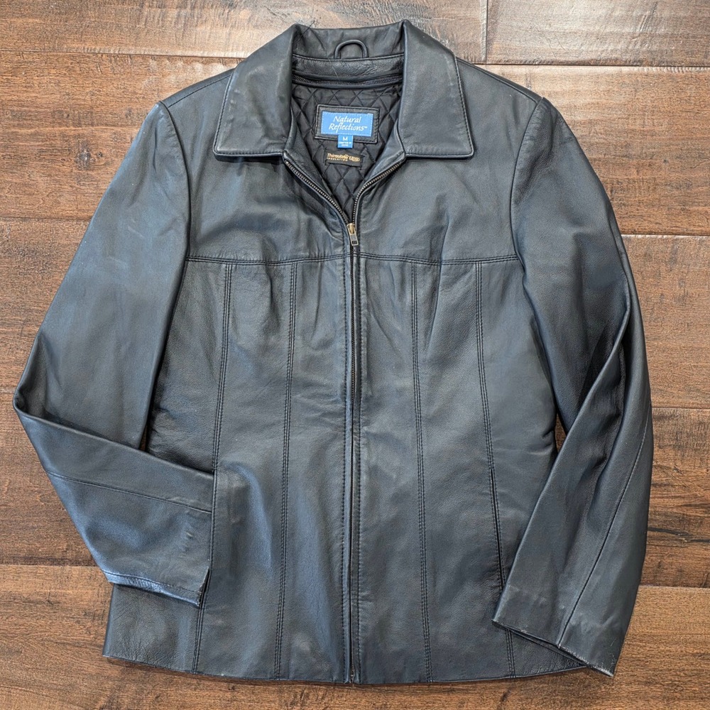 Y2K Minimalist Moto Biker Black Leather Jacket Thinsulate Insulated Zip Front M